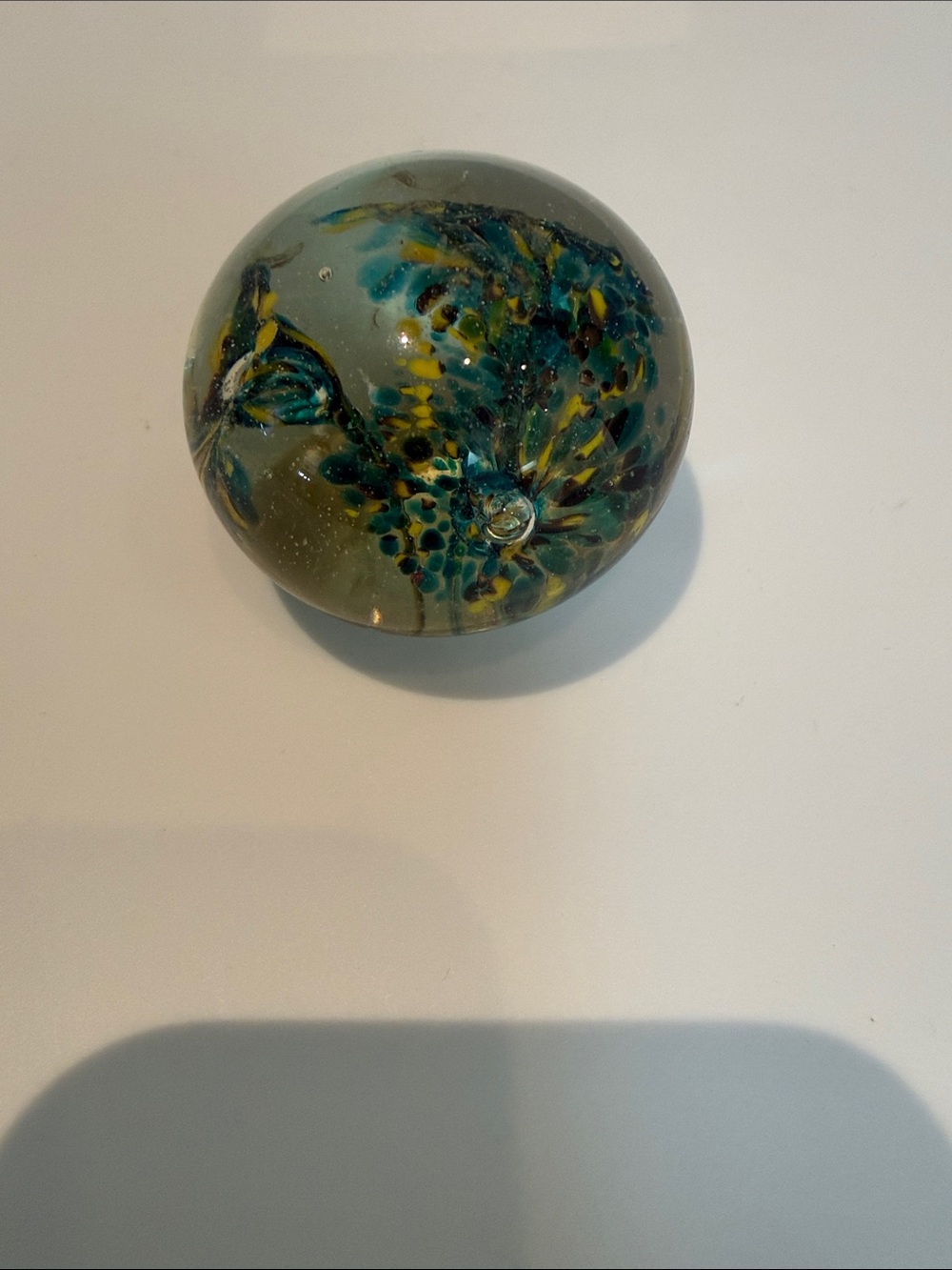 Handblown Glass Paperweight in Teal and Yellow